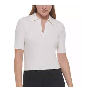 Women's Calvin Klein Jeans Ribbed Knit Cotton Polo Top White Size S